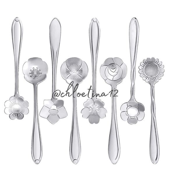 Silver Gold 8pcs Stainless Steel Flower  Spoon Set - Picture 2 of 16